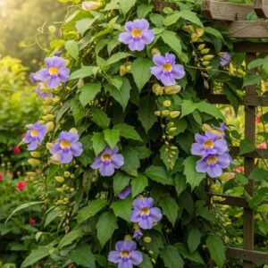 Thunbergia erecta, King’s Mantle, Blue Trumpet Vine, flowering shrub, balcony plants, fast-growing garden plant, evergreen shrub, Indian garden plants, ornamental flowering plant, low maintenance plants